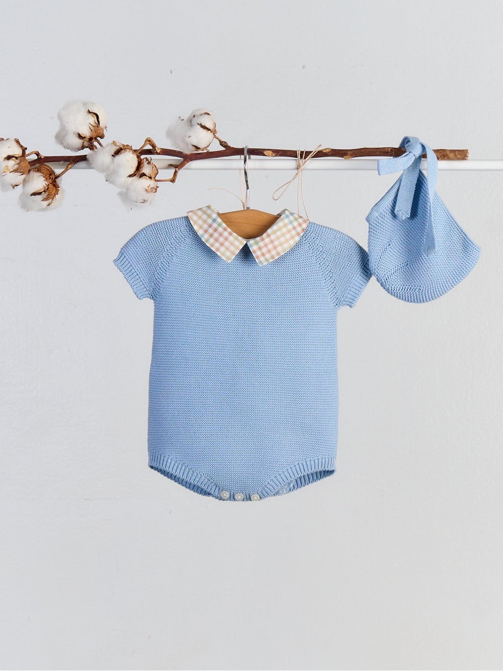 NWT Blue Knit Baby One-Piece Bodysuit with Plaid Collar 1M